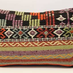 Turkish Kilim Pillow Cover, Wool & Cotton Lumbar Cushion - 16x24 Inch - thumbnail 2