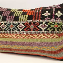 Turkish Kilim Pillow Cover, Wool & Cotton Lumbar Cushion - 16x24 Inch - thumbnail 3