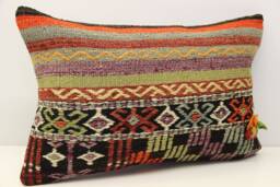 Turkish Kilim Pillow Cover, Wool & Cotton Lumbar Cushion - 16x24 Inch