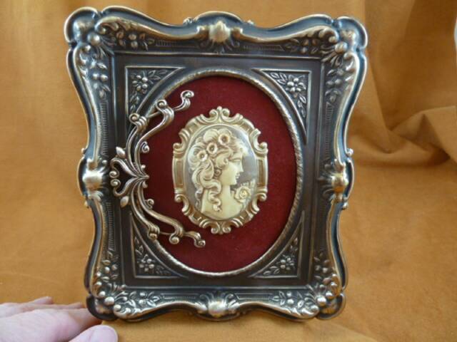 Framed Cameo Long Haired Woman Flowers Taupe Ivory Victorian Scrolled Floral Design Brass Frame Wall Shelf Desk Hanging Art Cfl20-20 - image 1