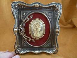 Framed Cameo Long Haired Woman Flowers Taupe Ivory Victorian Scrolled Floral Design Brass Frame Wall Shelf Desk Hanging Art Cfl20-20 - thumbnail 1