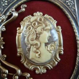 Framed Cameo Long Haired Woman Flowers Taupe Ivory Victorian Scrolled Floral Design Brass Frame Wall Shelf Desk Hanging Art Cfl20-20 - thumbnail 2