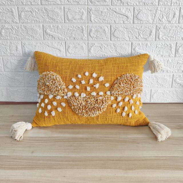 Mustard Yellow & Ivory Cotton Embroidered Tufted Textured Pillow Cover 12x20 - 14x20 14x24 16x24 Cushion Boho Case - image 1
