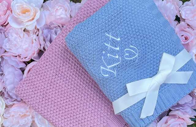 Personalised Blue Knitted Baby Blanket Embroidered Newborn Gift Shower