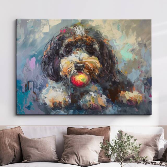 Colorful Cockapoo With Chew Ball Dog Pet Art Oil Painting Framed Poster Print & Canvas Wall Living Home Decor Interior Gift - image 1