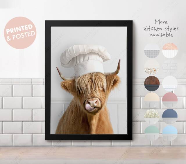 Highland Cow in Chef's Hat Kitchen Print, Funny Cooking Restaurant, Cafe, Food, Cookery Scotland, Whimsy Animal - image 1