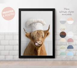 Highland Cow in Chef's Hat Kitchen Print, Funny Cooking Restaurant, Cafe, Food, Cookery Scotland, Whimsy Animal - thumbnail 1