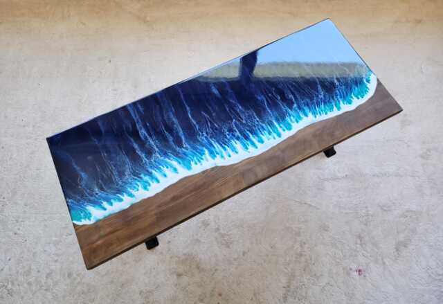 Epoxy Resin Ocean Wave Side Table Beach Themed Wood End Table - image 1
