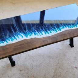 Epoxy Resin Ocean Wave Side Table Beach Themed Wood End Table - thumbnail 4