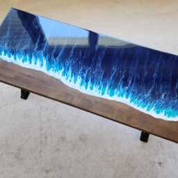 Epoxy Resin Ocean Wave Side Table Beach Themed Wood End Table - thumbnail 2
