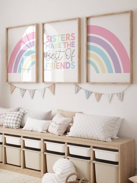 Set Of 3 Playroom Prints, Sister Bedroom Sibling Rainbow Wall Art, Colourful Playroom, Kids