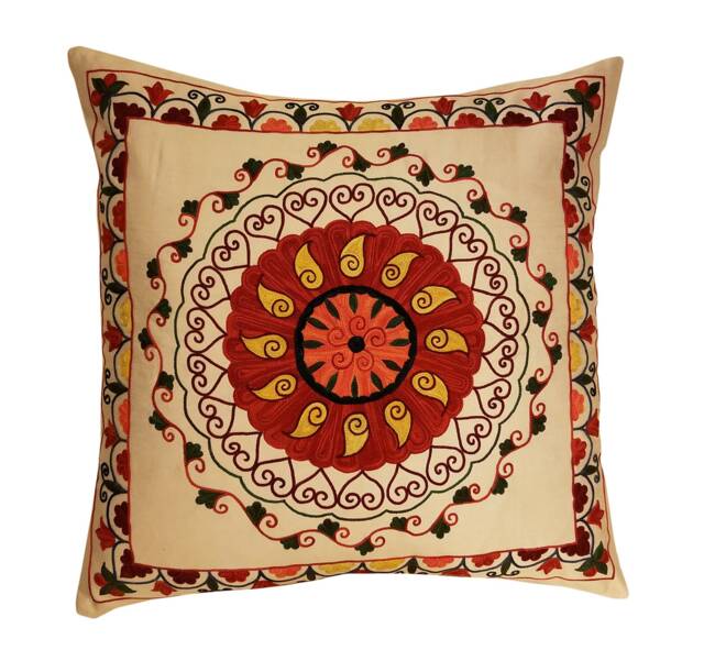 Hand-Embroidered Silk Suzani Pillow Cover - image 1