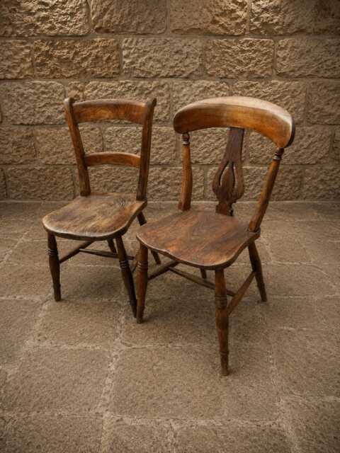Antique Elm Ash Country Kitchen Chairs - Victorian Ladder-Back Lyre Splat Pair - image 1