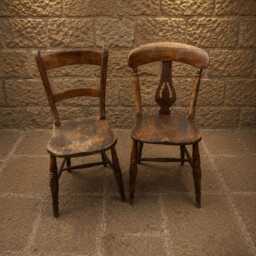 Antique Elm Ash Country Kitchen Chairs - Victorian Ladder-Back Lyre Splat Pair - thumbnail 2