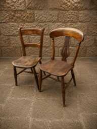 Antique Elm Ash Country Kitchen Chairs - Victorian Ladder-Back Lyre Splat Pair - thumbnail 1