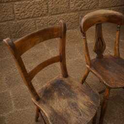Antique Elm Ash Country Kitchen Chairs - Victorian Ladder-Back Lyre Splat Pair - thumbnail 4
