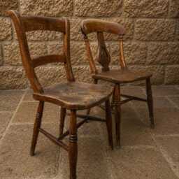 Antique Elm Ash Country Kitchen Chairs - Victorian Ladder-Back Lyre Splat Pair - thumbnail 3