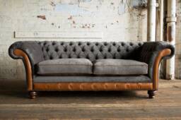 3 Seater Slate Grey Velvet Fabric Chesterfield Sofa, Vintage Tan Leather, British Handmade - thumbnail 1