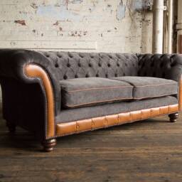 3 Seater Slate Grey Velvet Fabric Chesterfield Sofa, Vintage Tan Leather, British Handmade - thumbnail 3