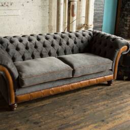 3 Seater Slate Grey Velvet Fabric Chesterfield Sofa, Vintage Tan Leather, British Handmade - thumbnail 4