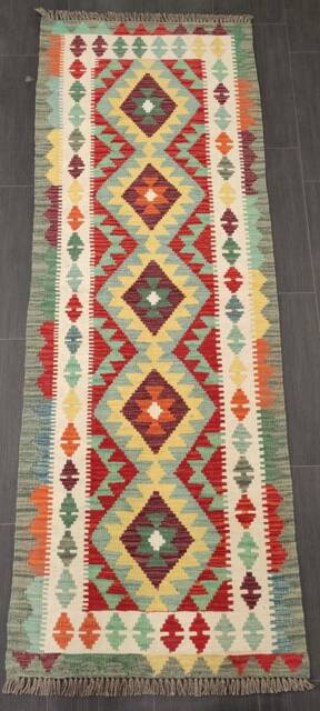 Colourful Runner Rug, Handmade Artisan Afghan Turkish Scandinavian Navajo Bohemian Wool Kilim Rug 198x71 cm - image 1