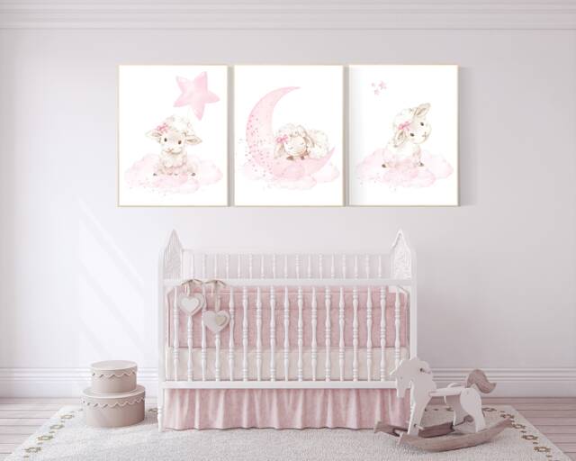 Lamb Nursery Print Sheep, Moon & Cloud Wall Art - image 1
