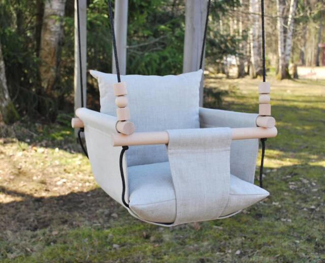 Linen Baby Swing Natural Fabric, Wooden Beads, Indoor Toddler Swing - image 1