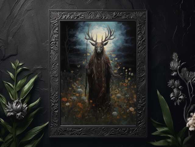 Cottagecore Druid in Meadow Print, Dark Art, Witchy Aesthetic, Academia, Wicca Gift - image 1