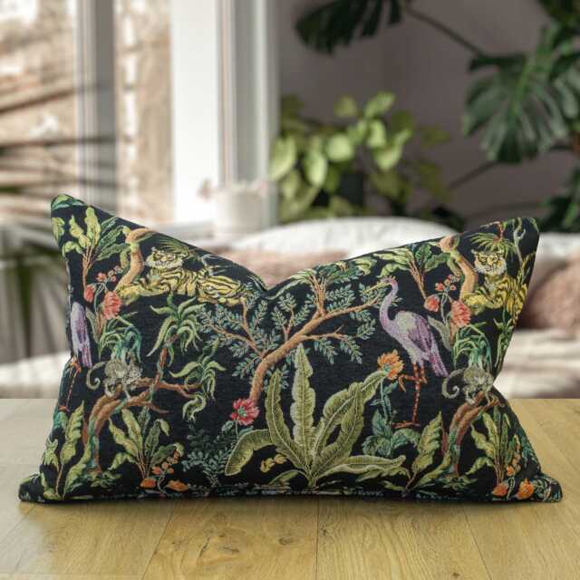 Tapestry Jungle Xl Rectanglar Cushion in Deep Black. Exotic Inspired Design With Tigers, Monkeys & Tropical Leaves. 23X15