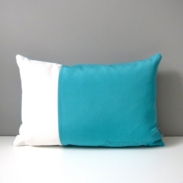 Aruba Blue & White Sunbrella?? Outdoor Pillow in Modern Color Block For Pool Or Patio Lounge Chairs, Colourful Cushions By Mazizmuse - image 1