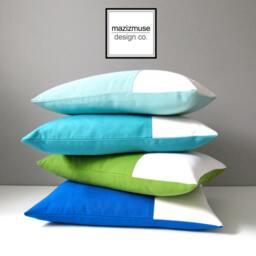 Aruba Blue & White Sunbrella?? Outdoor Pillow in Modern Color Block For Pool Or Patio Lounge Chairs, Colourful Cushions By Mazizmuse - thumbnail 3
