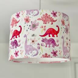 Pink Dinosaur Lampshade With White Background, Girly Dinosaur Lampshade, Handmade Drum Lamp - thumbnail 1