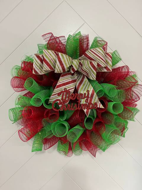 Christmas Curly Deco Mesh Wreath, Holiday Door Hanger