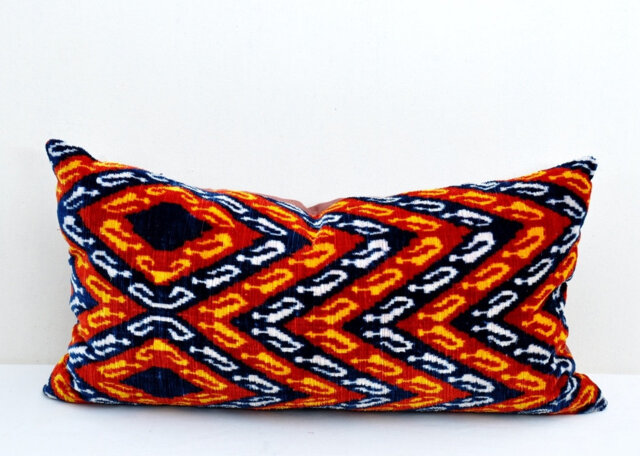 Orange Handloom Silk Velvet Ikat Pillow Cover - image 1