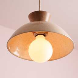 Speckled Cream Gloss Small Dawn Pendant Light in Ceramic & Oak - thumbnail 2