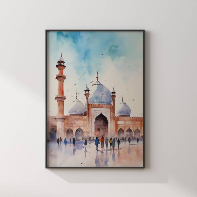 Lahore Badshahi Mosque Wall Art Print - Pakistan Watercolour Painting Travel Poster - image 1