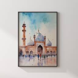 Lahore Badshahi Mosque Wall Art Print - Pakistan Watercolour Painting Travel Poster - thumbnail 1