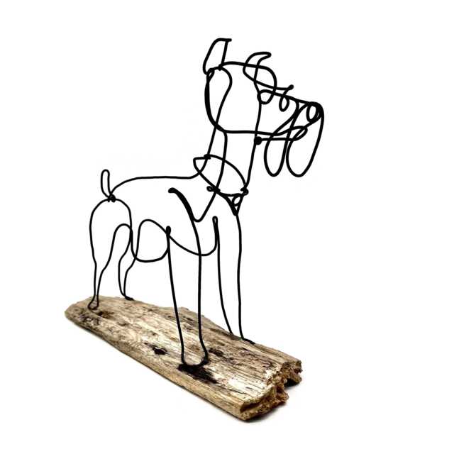 Schnauzer Dog Wire Sculpture Folk Art On Driftwood Base - image 1