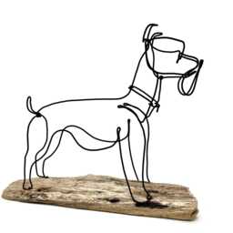 Schnauzer Dog Wire Sculpture Folk Art On Driftwood Base - thumbnail 4