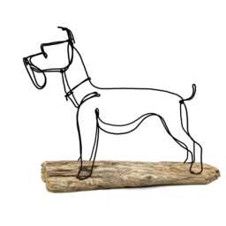 Schnauzer Dog Wire Sculpture Folk Art On Driftwood Base - thumbnail 2
