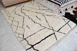 Authentic Moroccan Hand-Knotted Berber Rug With Black Patterns, From Beni Ouarain Tribe. Genuine Carpet Hand Woven 100% Soft Wool