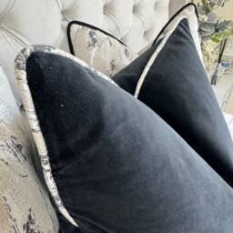 Black Velvet Piped Cushion Cover - Cotton Double Sided Luxury Monochrome Interior Marble Piping Pillow Cover, Bed - thumbnail 3