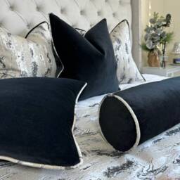 Black Velvet Piped Cushion Cover - Cotton Double Sided Luxury Monochrome Interior Marble Piping Pillow Cover, Bed - thumbnail 4