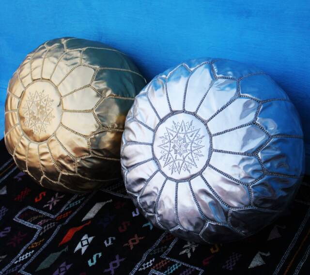 Set Of 2 Gold & Silver Faux Leather Moroccan Poufs - Unstuffed - image 1