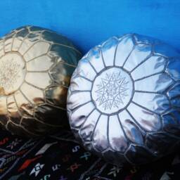Set Of 2 Gold & Silver Faux Leather Moroccan Poufs - Unstuffed - thumbnail 3