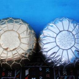 Set Of 2 Gold & Silver Faux Leather Moroccan Poufs - Unstuffed - thumbnail 2