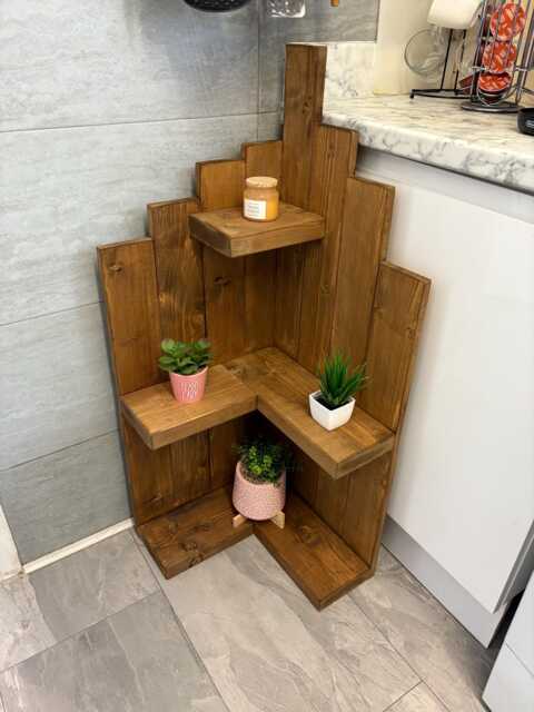 Freestand Corner Shelf, Chunky Wooden Bookcase Organiser, Display Storage Shelving Unit, Handmade Quality Materials, Made in UK - image 1