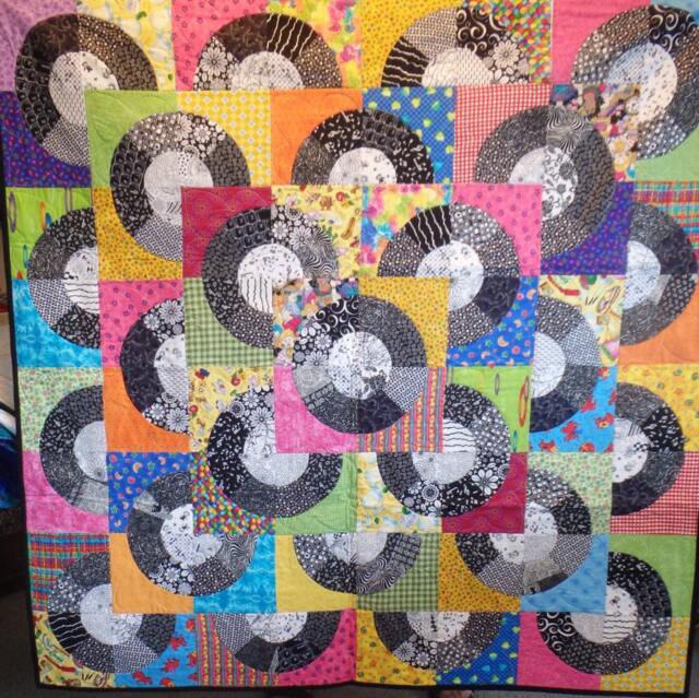 Black & White Circle Quilt, Rainbow Accent, 51-Inch Cotton Bedding - image 1