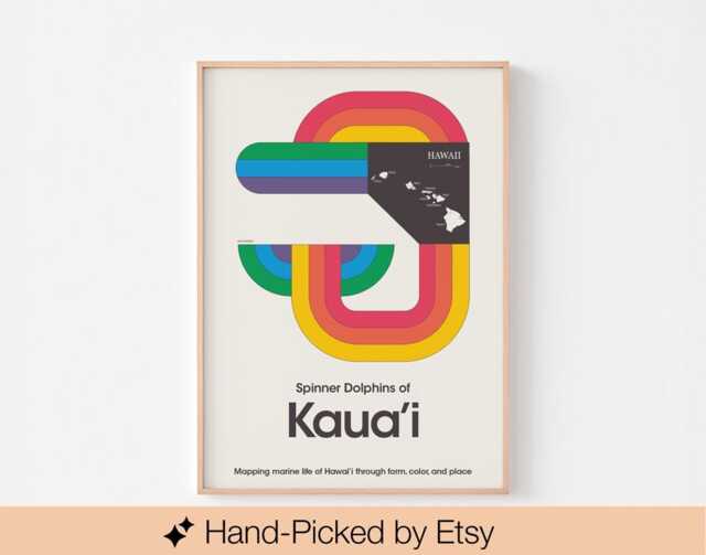 Kaua'i Hawaii Dolphin Poster Print - Mid Century Modern Bauhaus Peggy Hopper Rainbow Sven Lukin Memphis Design 20-40% Off + Free Shipping - image 1