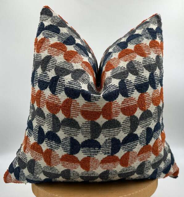 Orange Navy Circle Pattern Pillowcase, Textured Woven Chenille Throw Pillow, 20x20 - image 1